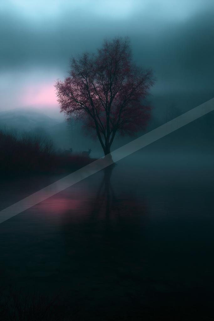 A serene water scene of lake, trees.