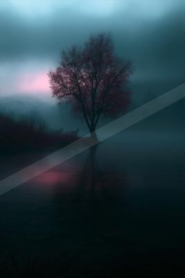 A serene water scene of lake, trees.