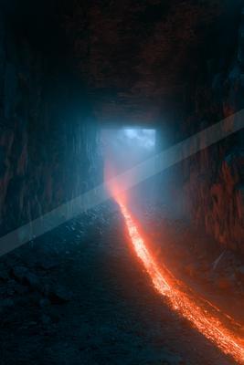 A black-toned moody photograph of volcano, wing, fountain.