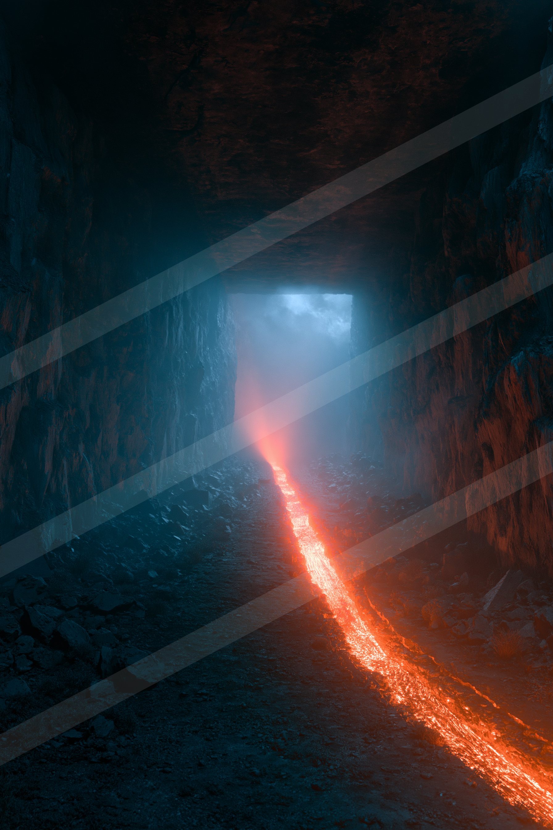 A mysterious long exposure landscape of a cave, fire.