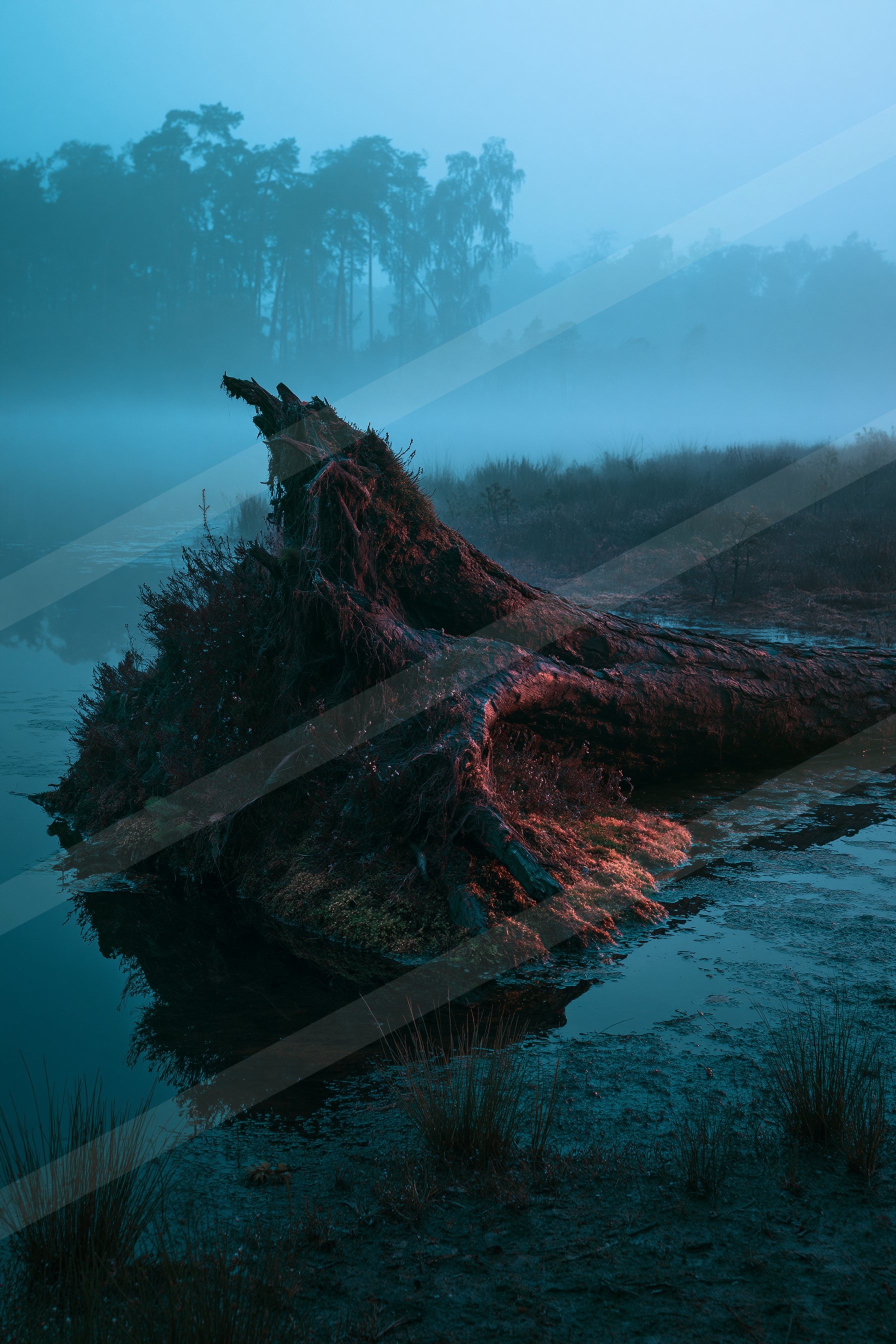 A mysterious long exposure water scene of a wetland, fog.