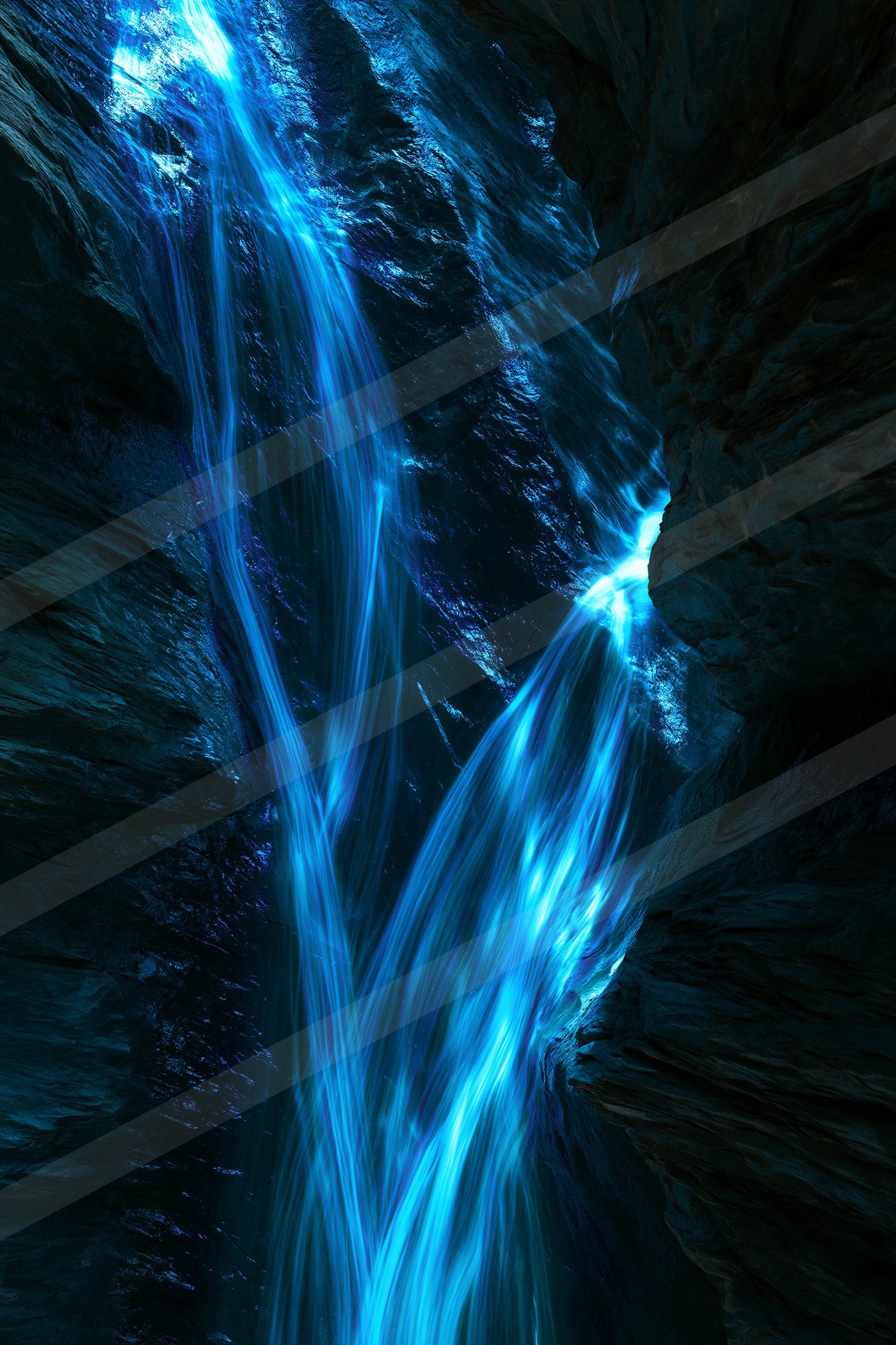 An ethereal water scene of a waterfall, ice.