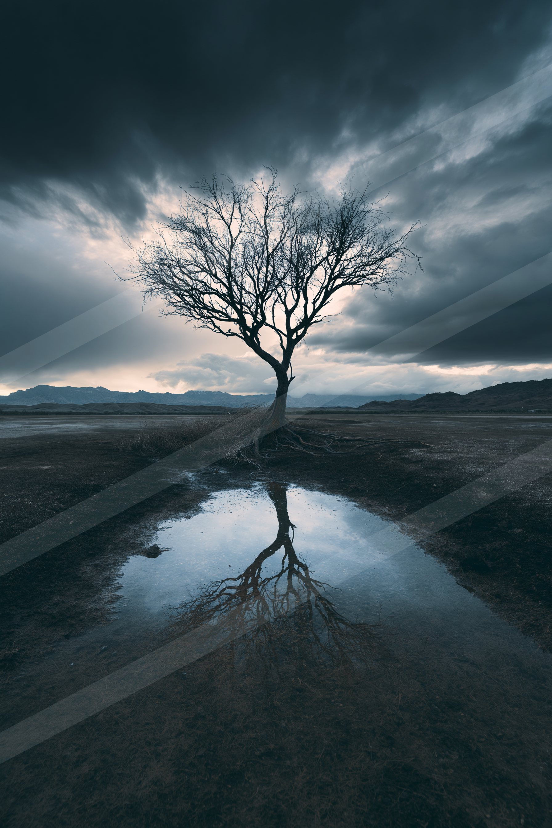 A dramatic high contrast nature scene of an oak tree, reflection.