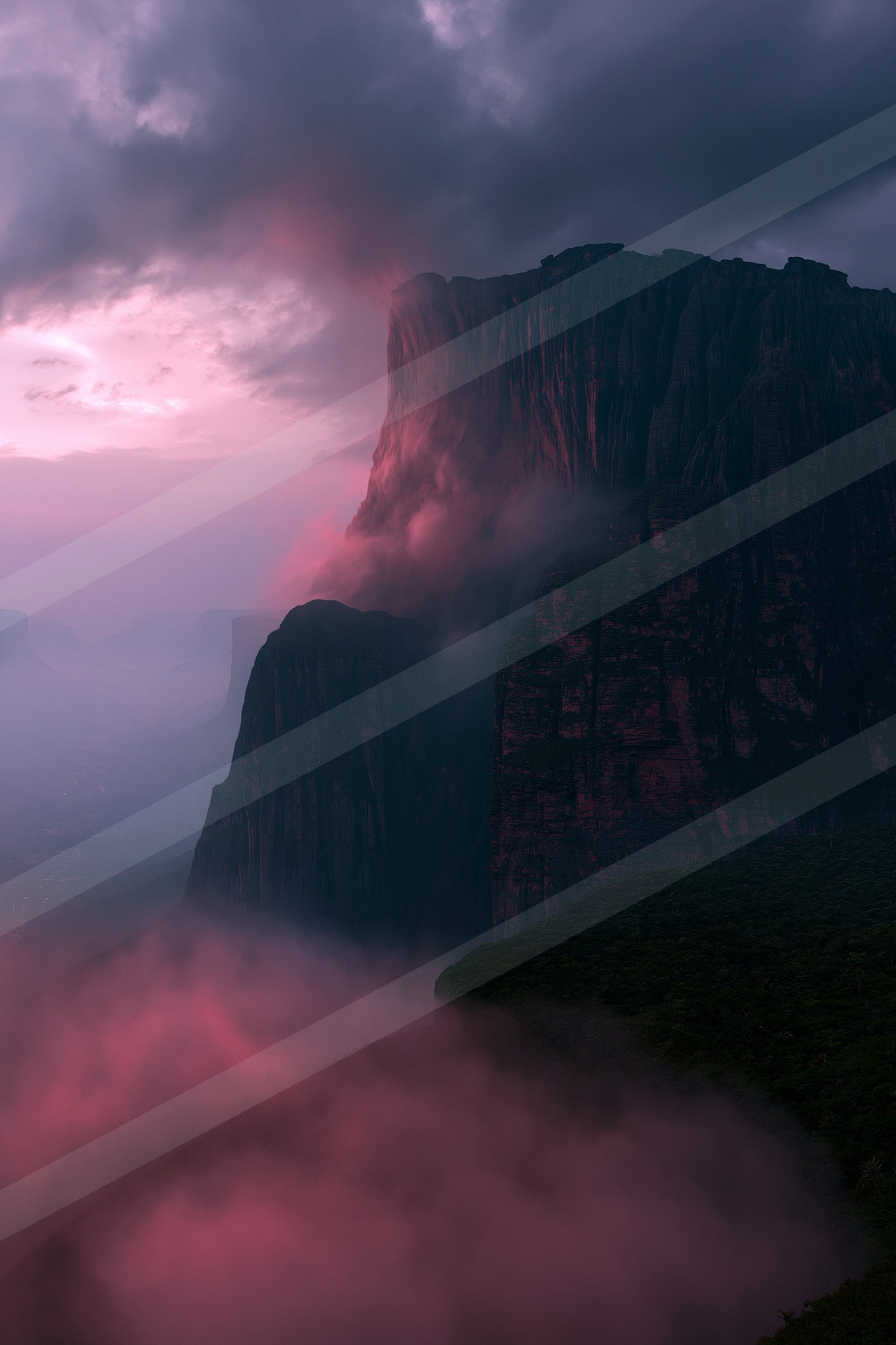 A towering mountain peak rises above a sea of mist at twilight, illuminated by vibrant pink hues from the setting sun.