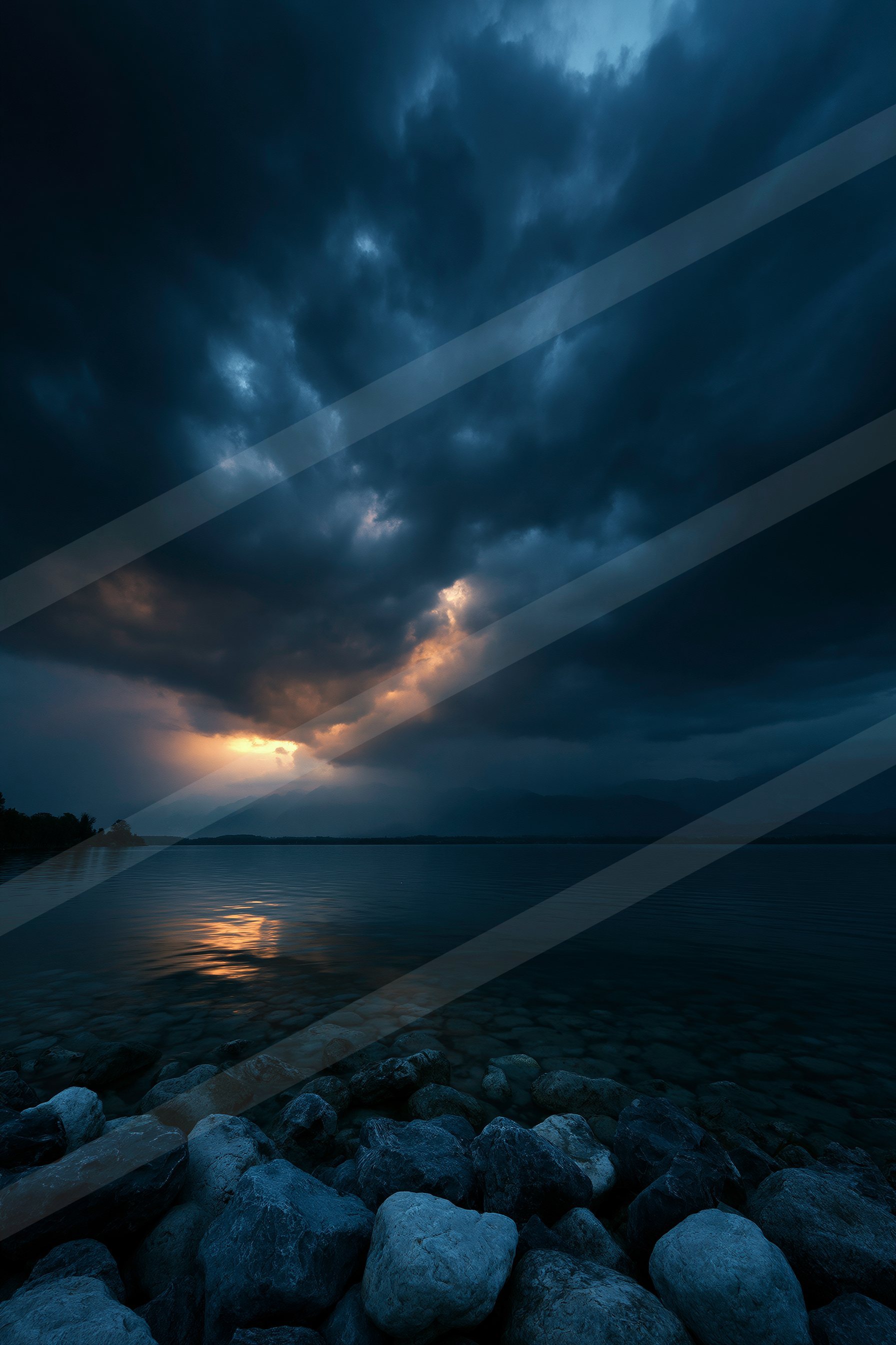 A blue hour high contrast sky scene of a storm, rocks.