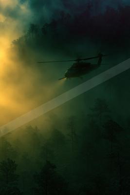 A black-toned moody photograph of warplane, parachute, crane.