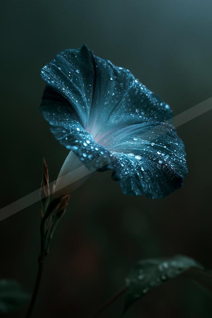 A delicate blue morning glory flower adorned with dew drops against a dark background.