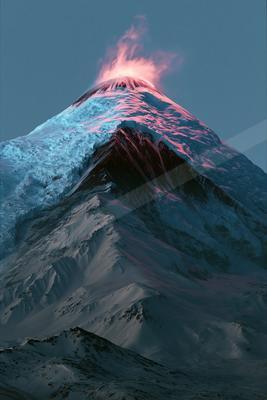A majestic snow-covered volcano erupts with a glowing pink plume of smoke and lava against a deep blue twilight sky.