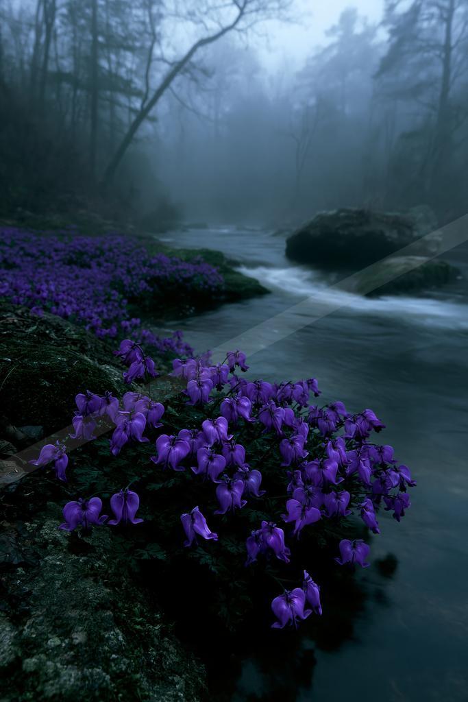 Vibrant purple bleeding heart flowers growing on a rocky bank next to a flowing stream in a foggy forest.