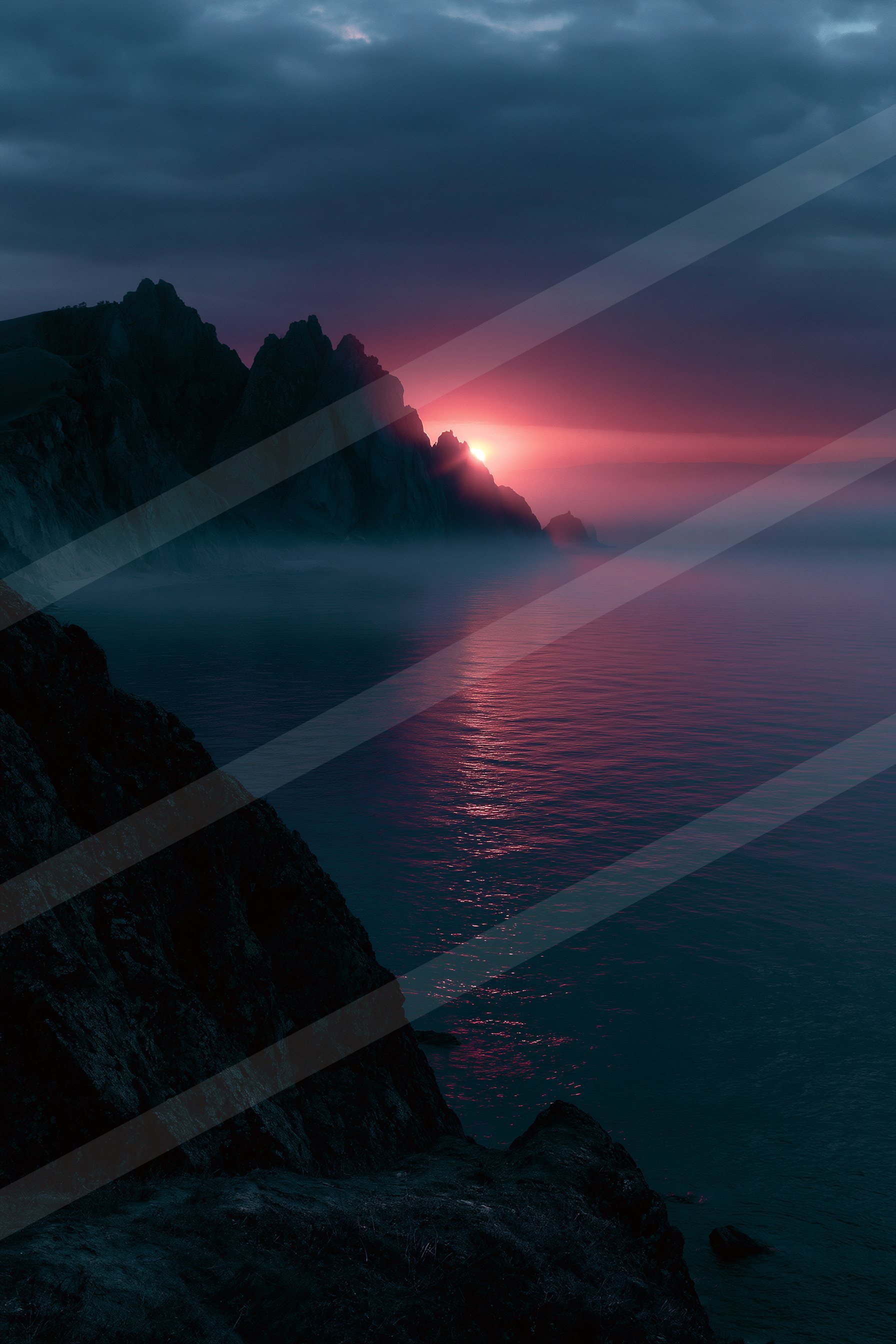 A blue hour panorama sky scene of a sunrise, fog.