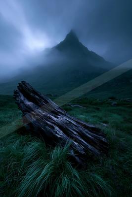 A weathered log lies on a grassy hillside under a moody, mist-covered mountain peak.