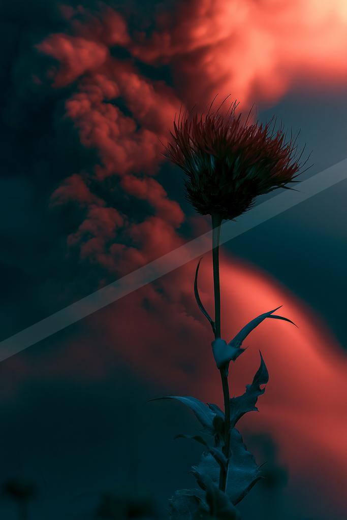 A dramatic minimalist nature scene of flowers, clouds, sunrise.