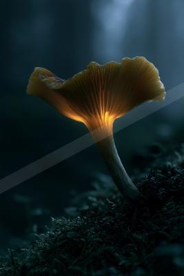 A single mushroom with glowing orange gills growing from mossy ground in a dark forest, illuminated from within against a moody blue background.