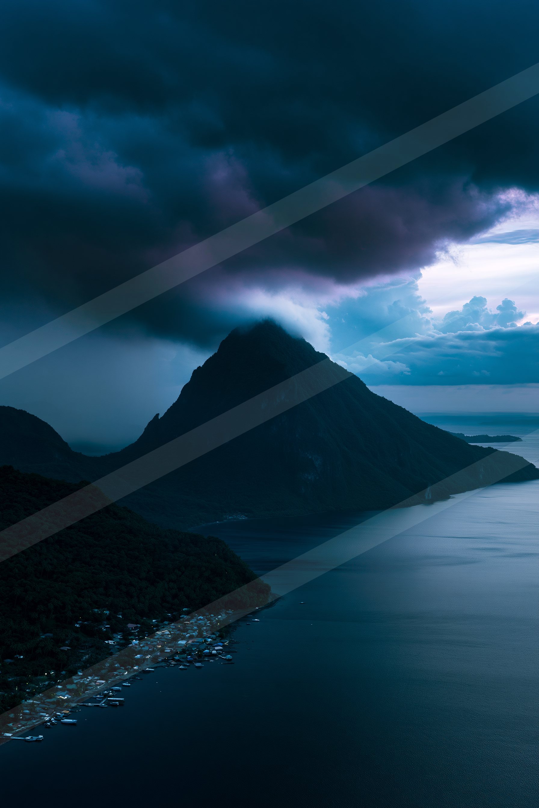 A night panorama landscape of a volcano, shadows.