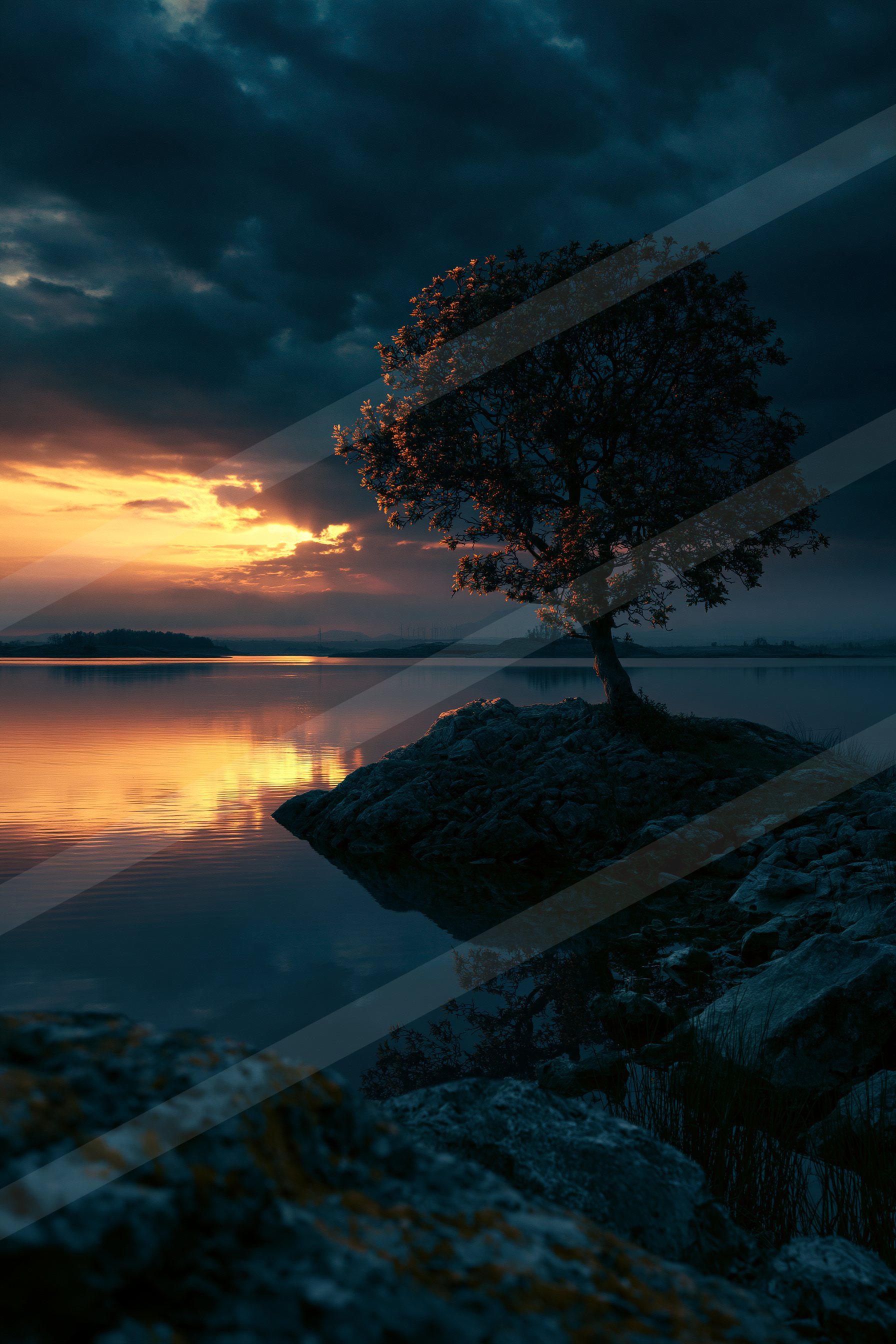 A lone tree stands on a rocky outcrop, silhouetted against a vibrant sunset sky reflected in calm waters.