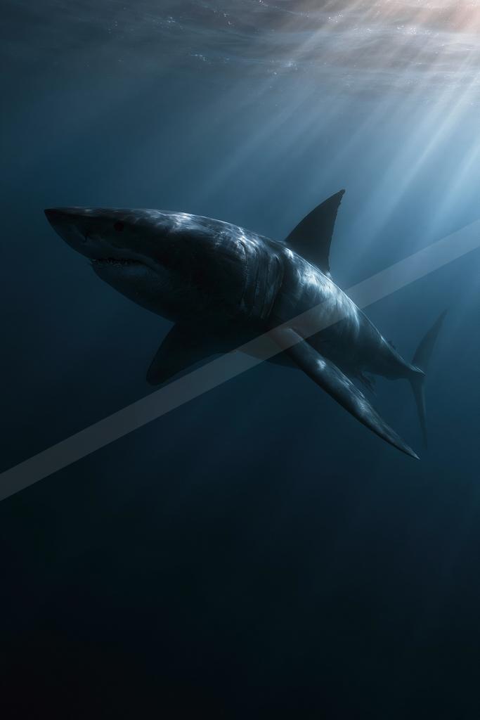 A large great white shark swims through deep blue ocean water with sunlight rays penetrating from the surface above.