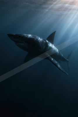 A large great white shark swims through deep blue ocean water with sunlight rays penetrating from the surface above.
