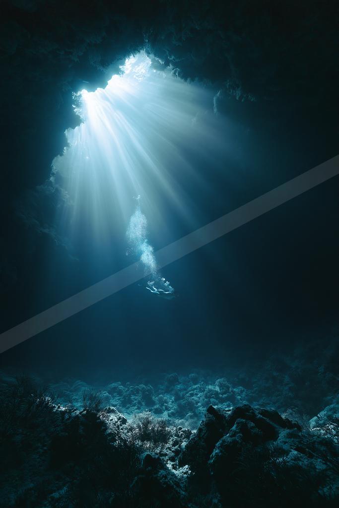 A scuba diver swims through dramatic crepuscular rays of sunlight penetrating a dark underwater cave, illuminating bubbles and rocky formations.