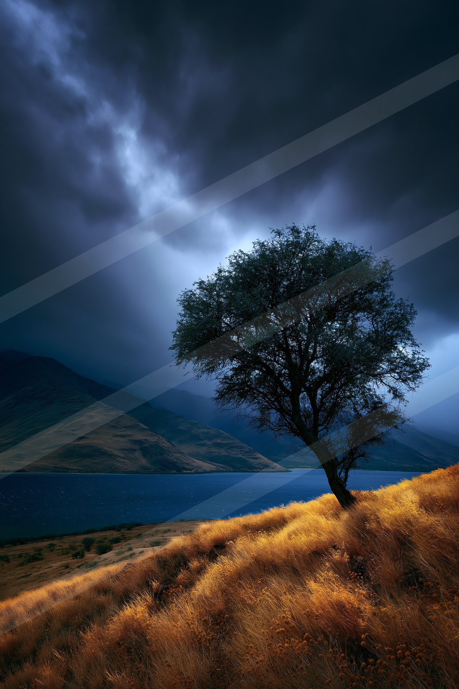 A dramatic high contrast nature scene of an oak tree.