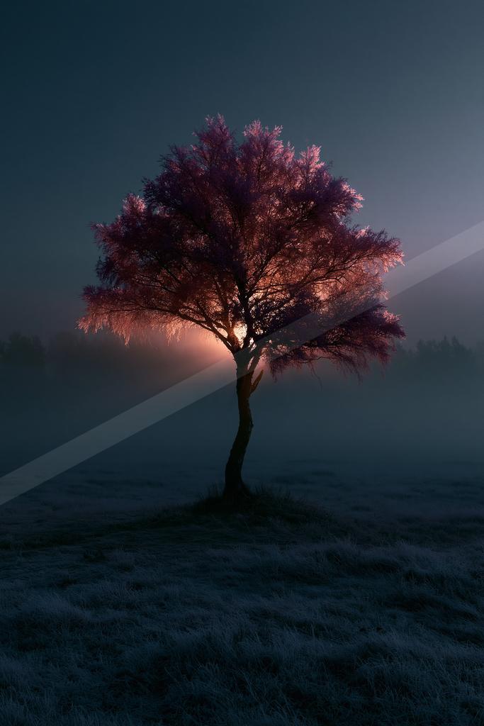 A solitary tree with pink and purple illuminated foliage stands in a frost-covered field, backlit by a bright light source creating dramatic rays through thick