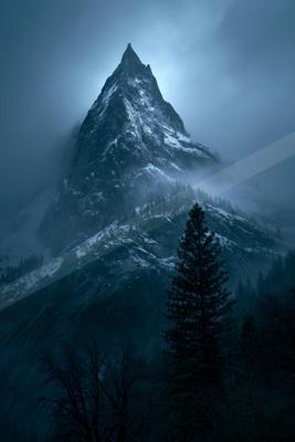 A sharp, snow-dusted mountain peak rises dramatically through thick blue-toned fog, with evergreen trees visible on the slopes and in the foreground.