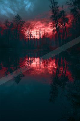 A blue hour water scene of lake.