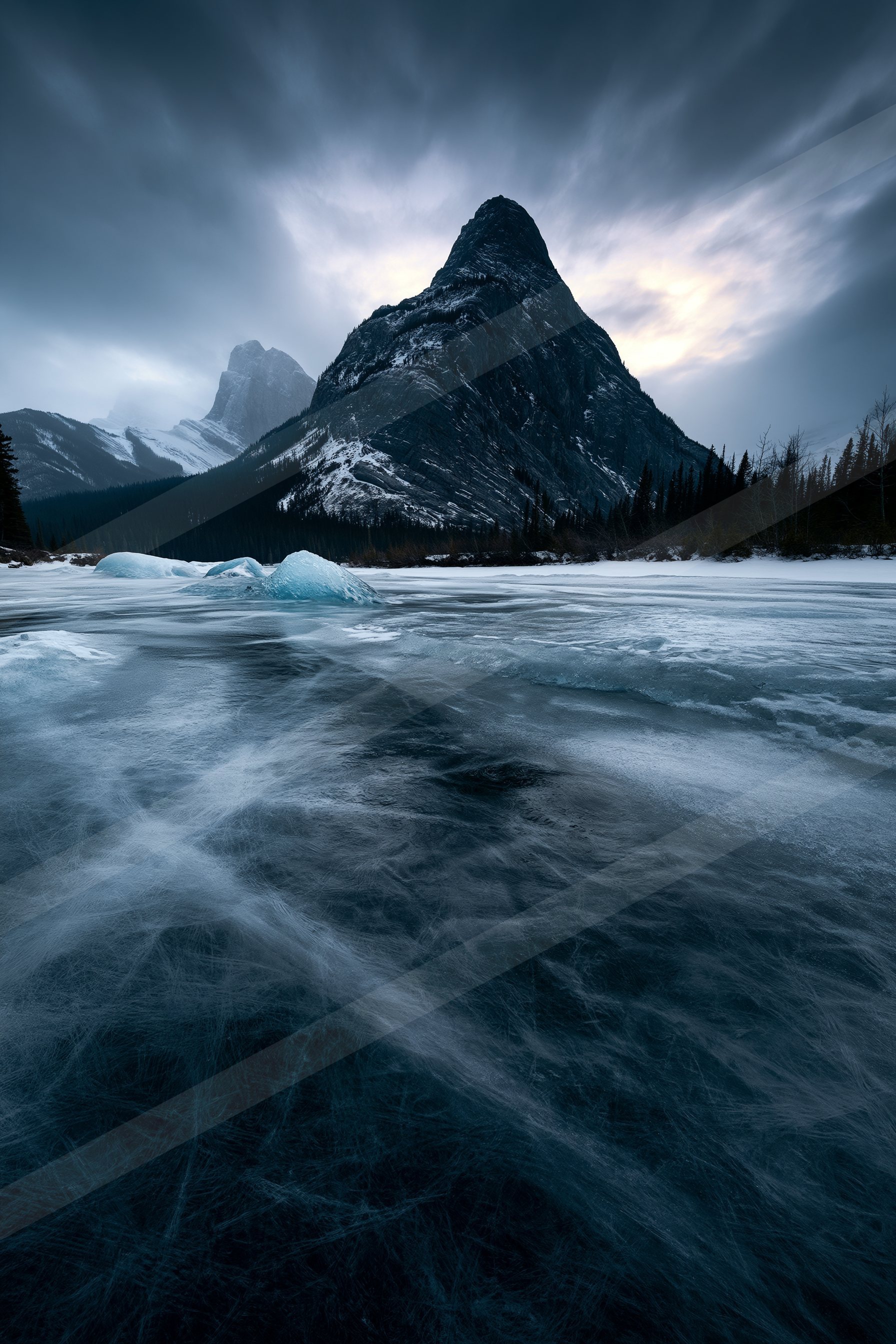 A serene frozen lake surrounded by towering snow-covered mountains under a twilight sky.