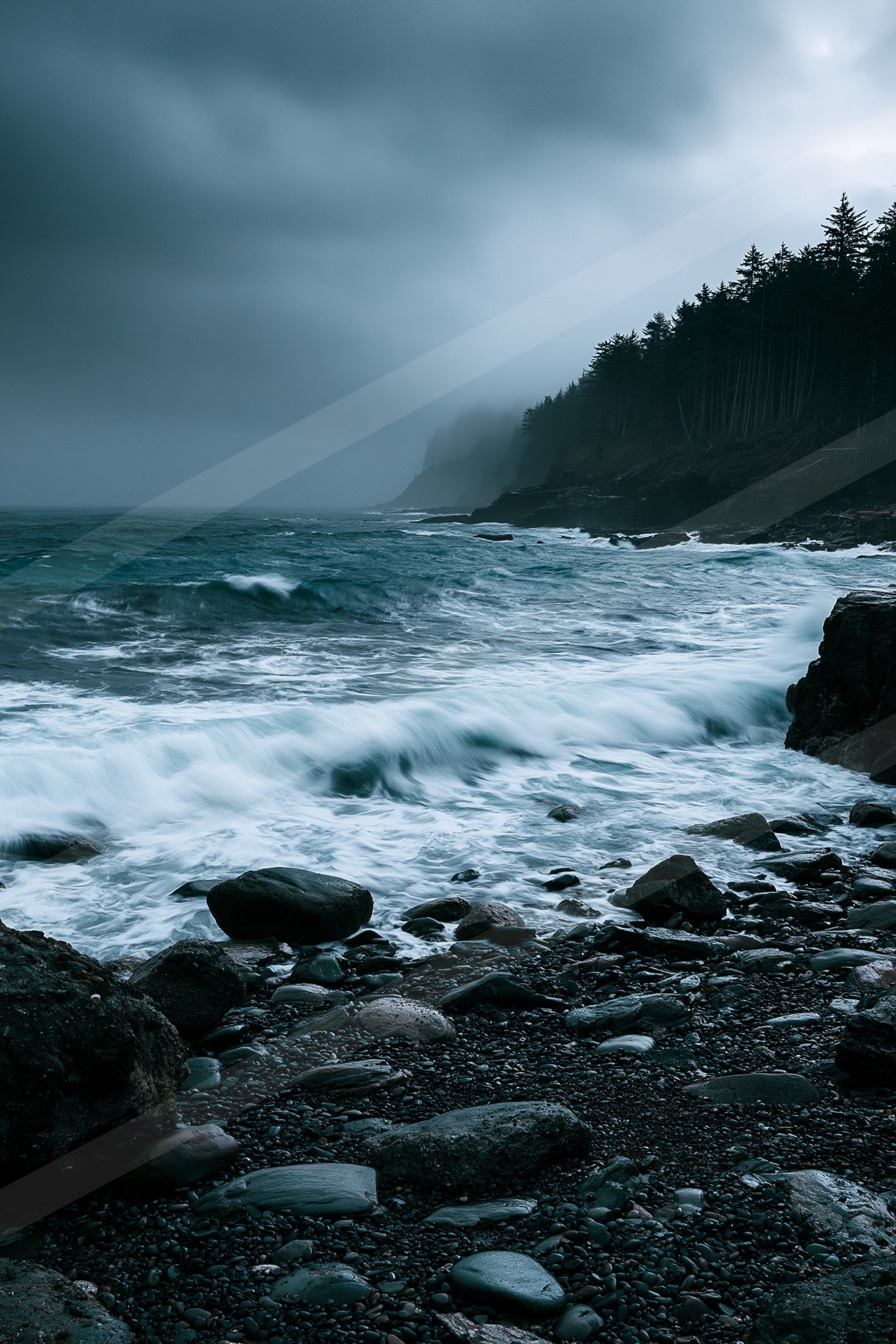 A moody coastal landscape featuring turbulent ocean waves crashing against a rocky shore, with forested cliffs rising in the background under an overcast sky.