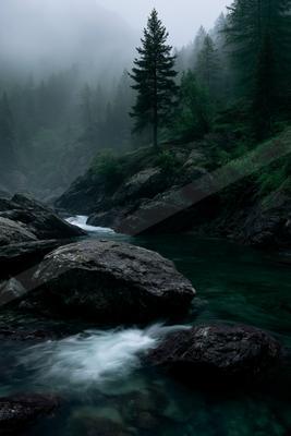 A fast-flowing river with white water cascades through dark rocks in a misty, dense coniferous forest with tall evergreen trees shrouded in fog.