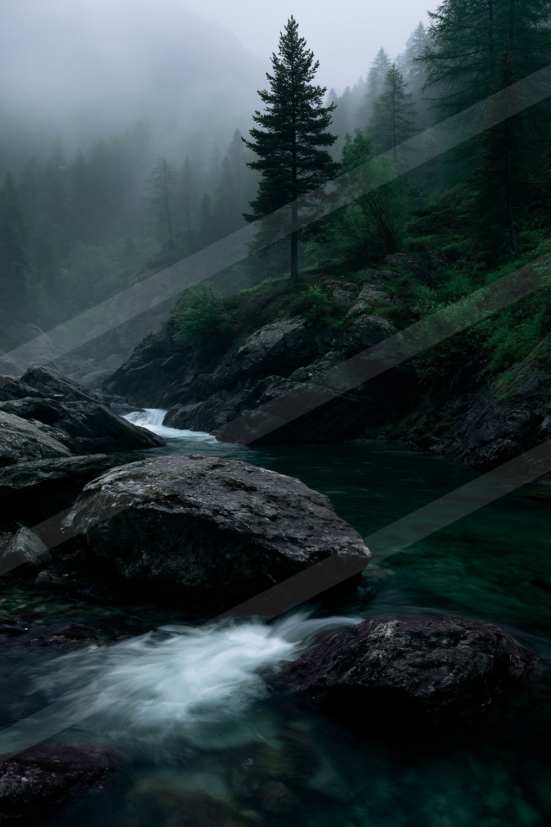 A moody high contrast water scene of a stream, fog.