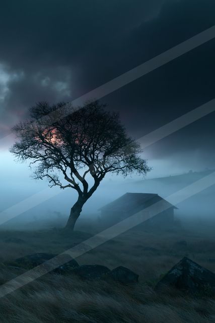 A night sky scene of a storm, fog.