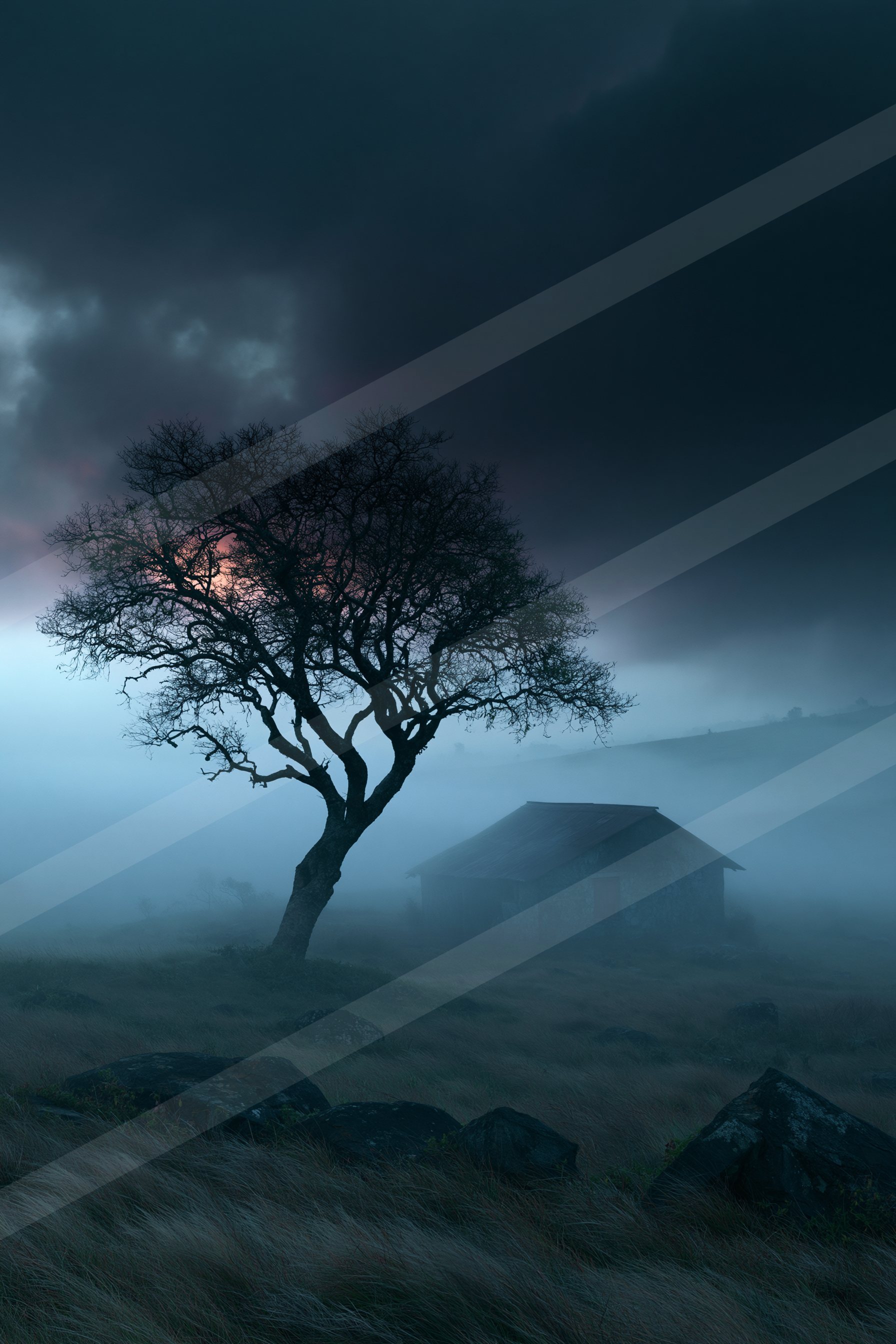 A night sky scene of a storm, fog.