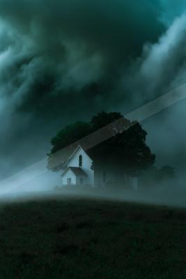 A black-toned moody photograph of church, barn, beacon.
