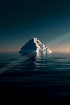 A solitary white iceberg floats in a vast, calm dark ocean under a deep blue twilight sky, its reflection visible on the water's surface.