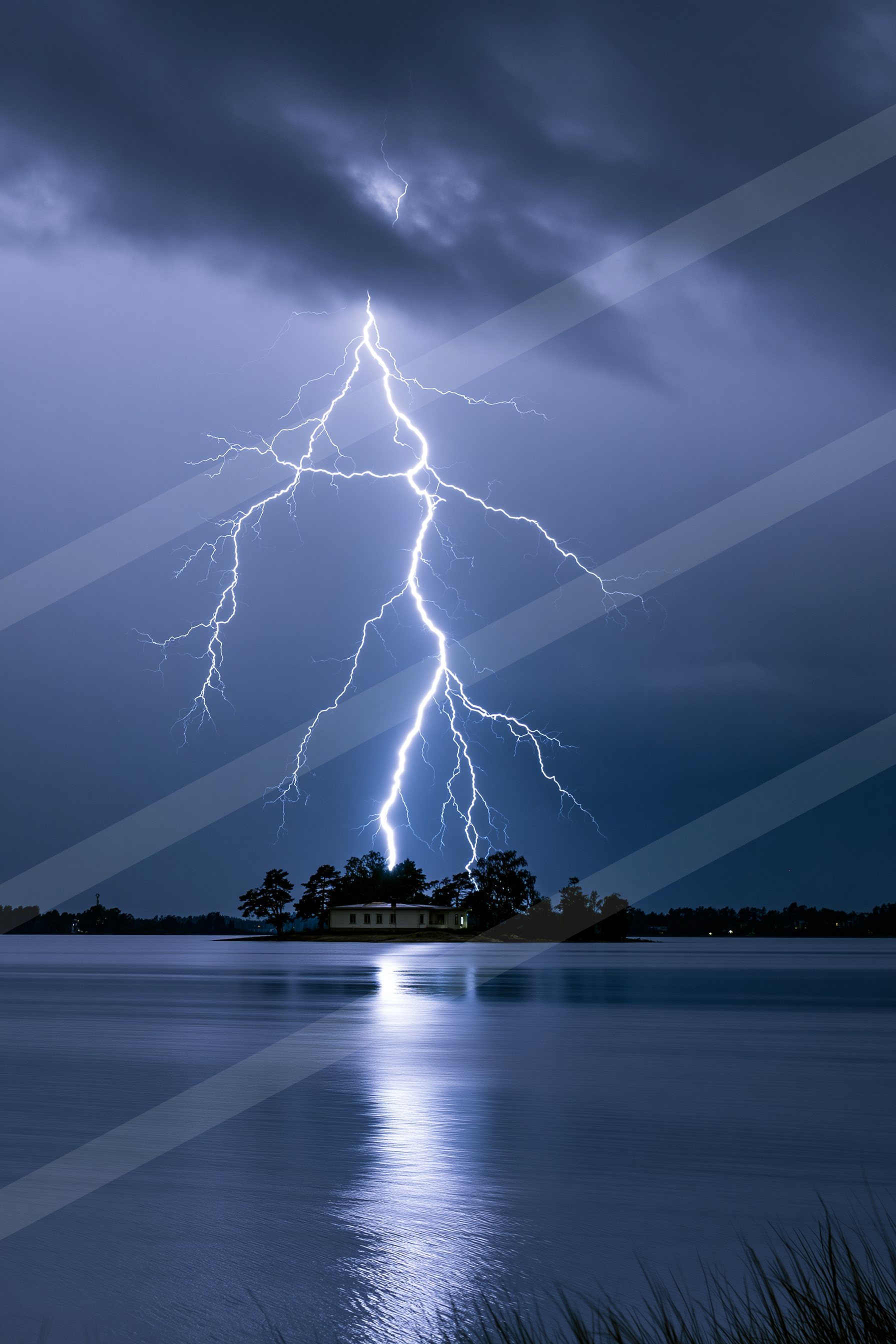 A powerful lightning bolt illuminates the night sky over a serene lake, with reflections creating a striking visual effect.