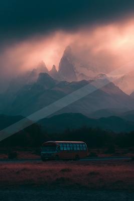 A moody landscape of mountains, desert.