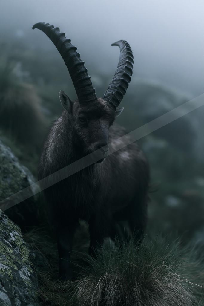 A black-toned moody photograph of ibex, bighorn, gazelle.