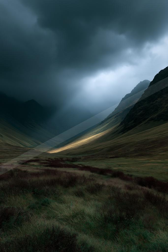 Dramatic crepuscular rays pierce through dark storm clouds into a vast mountain valley covered in green and purple heather under moody skies.