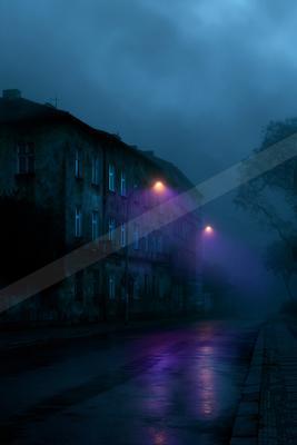 A night long exposure street scene of city street, fog.