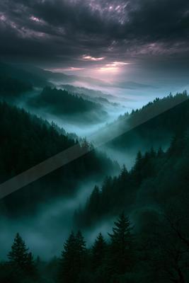 An ethereal panorama landscape of a valley, fog.