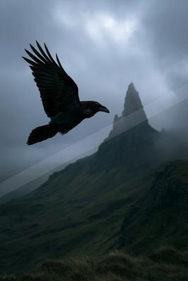 A large black raven with wings spread flies across a moody, overcast sky with a sharp rocky mountain peak emerging from thick fog in the background.