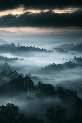 A blue hour panorama landscape of a rolling hills, fog.