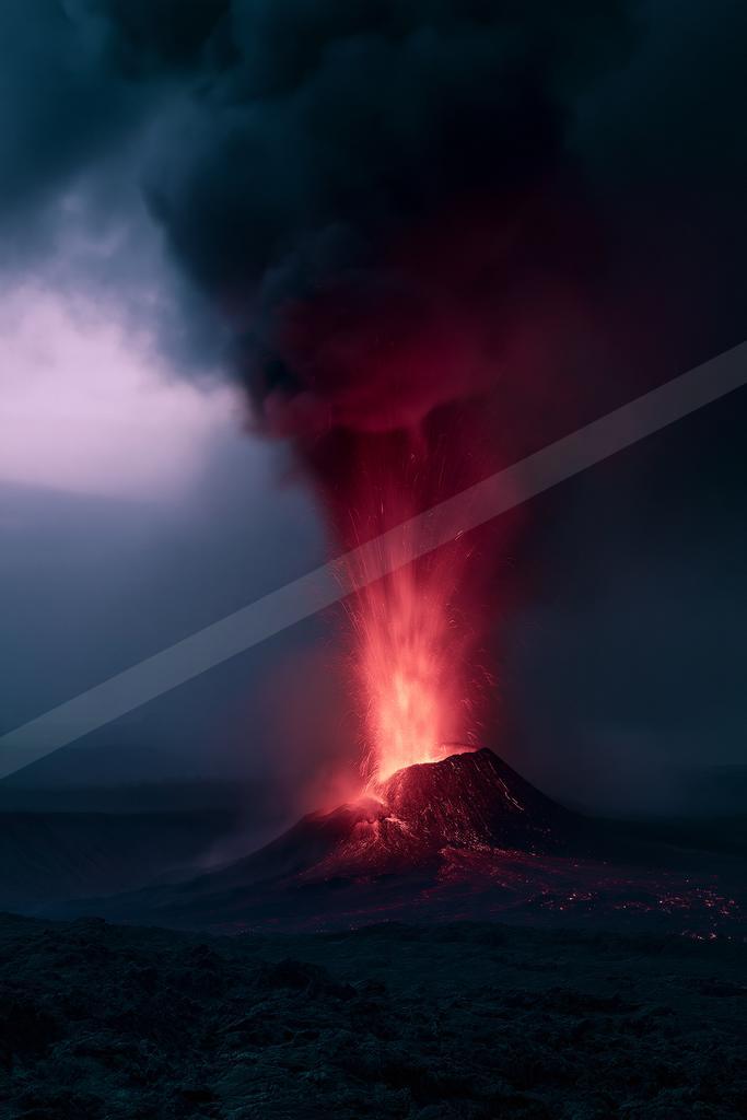 A powerful volcanic eruption at night, with bright red molten lava shooting upwards and a massive dark ash cloud billowing into the sky.