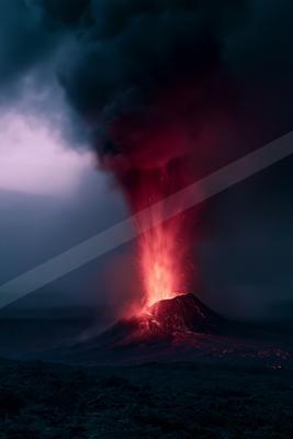 A powerful volcanic eruption at night, with bright red molten lava shooting upwards and a massive dark ash cloud billowing into the sky.