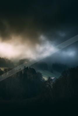 A brown-toned moody photograph of valley, viaduct, alp.
