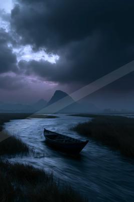 A night water scene of lake.