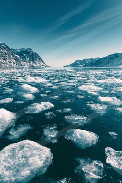 A bright landscape of a glacier, ice.