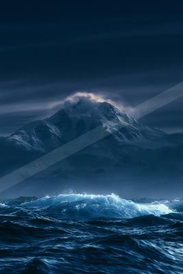 A night water scene of ocean, storm.