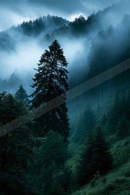 A serene nature scene of forest, trees, mountains.