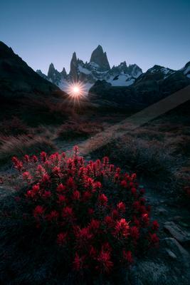 A moody landscape of mountains.
